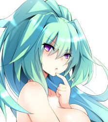 Rule 34 | 1girl, arm between breasts, between breasts, breasts, choujigen game neptune, clip studio paint (medium), completely nude, doria (p f dolia), finger to mouth, green hair, green heart (neptunia), large breasts, long hair, neptune (series), nude, out-of-frame censoring, ponytail, power symbol, power symbol-shaped pupils, purple eyes, solo, symbol-shaped pupils