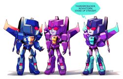 Rule 34 | 1boy, 2girls, arm cannon, arms behind back, commentary, decepticon, deformed, english commentary, english text, khirzava, mecha, mechanical wings, multiple girls, no humans, novastorm, open hand, parted lips, purple lips, red eyes, robot, scowl, slipstream (transformers), smile, solid eye, speech bubble, thundercracker, transformers, transformers cyberverse, weapon, wings