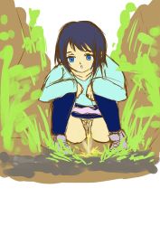 Rule 34 | 1girl, absurdres, black hair, blue eyes, blue pants, blue shirt, breath, buta no fuguri, clothes pull, collarbone, denim, grass, grey footwear, hands on own knees, highres, jeans, long sleeves, looking down, open mouth, pants, pants pull, peeing, pubic hair, puddle, pussy, shirt, shoes, short hair, squatting, steam, uncensored