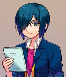 Rule 34 | 1boy, blue eyes, blue hair, blue jacket, closed mouth, glasses, grey background, hair over one eye, highres, holding, holding tablet pc, jacket, looking at viewer, male focus, meganebu!, minabe yukiya, numae kaeru, open clothes, open jacket, pink shirt, shirt, short hair, sleeves rolled up, solo, tablet pc, upper body