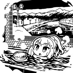 Rule 34 | 1girl, :o, absurdres, bathhouse, bathing, blunt bangs, cevio, chibi, commentary request, greyscale, hand up, highres, holding, holding towel, indoors, lamppost, looking ahead, monochrome, mosaic art, mountainous horizon, moyasiwhite, natsuki karin, partially submerged, ponytail, second-party source, solo, steam, synthesizer v, towel, washbowl, water, wet, wet hair