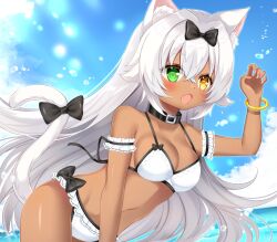 Rule 34 | 1girl, animal ears, arm up, bangle, bare shoulders, bikini, black bow, black collar, blue sky, blush, bow, bracelet, breasts, cat ears, cat girl, cat tail, claw pose, cleavage, cloud, collar, collarbone, commission, dark-skinned female, dark skin, day, fang, frilled bikini, frills, green eyes, grey hair, hair between eyes, hair bow, hair intakes, heterochromia, highres, horizon, jewelry, long hair, medium breasts, nail polish, navel, ocean, open mouth, original, outdoors, pink nails, shikito (yawa0w0), skeb commission, sky, solo, swimsuit, tail, tail bow, tail ornament, very long hair, water, white bikini, yellow eyes