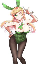 Rule 34 | 1girl, \m/, animal ears, arm up, bare shoulders, blonde hair, blunt bangs, blush, breasts, brown pantyhose, buttons, cleavage, collarbone, commentary request, covered navel, detached collar, drill hair, drill sidelocks, fake animal ears, fishnet pantyhose, fishnets, green eyes, green leotard, green nails, green necktie, hand on own hip, heanna sumire, highleg, highleg leotard, large breasts, leaning forward, leotard, long hair, looking at viewer, love live!, love live! superstar!!, nail polish, necktie, one eye closed, pantyhose, pettan p, playboy bunny, rabbit ears, sidelocks, simple background, smile, solo, standing, strapless, strapless leotard, teeth, white background, wrist cuffs