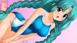 Rule 34 | 1girl, absurdres, aqua hair, barefoot, blue one-piece swimsuit, braid, breasts, canal vorfeed, cleavage, collarbone, competition swimsuit, covered erect nipples, covered navel, dutch angle, facial mark, forehead mark, highres, large breasts, looking at viewer, lost universe, multicolored clothes, multicolored swimsuit, one-piece swimsuit, purple eyes, seiza, sitting, solo, sugimura tomokazu, swimsuit, twin braids, v arms