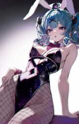 Rule 34 | 1girl, :o, absurdres, ahoge, animal ears, bare shoulders, black leotard, blue eyes, blue hair, bow, bowtie, breasts, clothing cutout, commentary, cowboy shot, cutout above navel, fake animal ears, fishnet pantyhose, fishnets, hair ornament, hand on own hip, hatsune miku, heart cutout, highres, leotard, long hair, looking at viewer, medium breasts, migata, open mouth, pantyhose, pink bow, pink bowtie, pink nails, pink pupils, playboy bunny, rabbit ears, rabbit hole (vocaloid), solo, sweat, twintails, vocaloid, x hair ornament