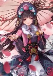 Rule 34 | 1girl, absurdres, black hair, blunt bangs, capelet, commentary request, cowboy shot, dress, genshin impact, highres, holding, holding umbrella, long hair, long sleeves, looking at viewer, nail polish, oil-paper umbrella, open mouth, pink capelet, pink eyes, pink nails, purple dress, scup, solo, standing, umbrella, very long hair, yun jin (genshin impact)