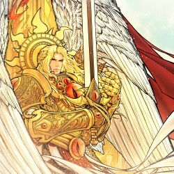 Rule 34 | 1boy, absurdres, angel wings, armor, blade encarmine, blonde hair, blood angels, blue eyes, breastplate, commentary, commentary request, couter, english commentary, eyes of horus (warhammer 40k), gold armor, goldriver, halo, highres, holding, holding sword, holding weapon, laurel crown, long hair, male focus, pauldrons, pelvic curtain, power armor, primarch, rerebrace, sanguinius, shoulder armor, solo, sword, warhammer 40k, weapon, wings