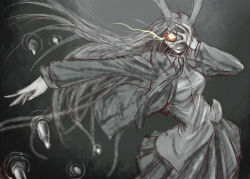 Rule 34 | 1girl, animal ears, blazer, breasts, bullet, covering privates, covering face, creepy, female focus, grey background, horror (theme), jacket, ledjoker07, long hair, monochrome, necktie, rabbit ears, reisen udongein inaba, skirt, solo, spot color, standing, touhou