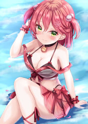 Rule 34 | 1girl, ahoge, arm up, bell, bikini, black bikini, black collar, blush, bow, breasts, cleavage, closed mouth, collar, flower, green eyes, hair between eyes, hair flower, hair ornament, hair ribbon, halterneck, highres, hololive, knee up, large breasts, leg ribbon, looking at viewer, neck bell, pom pom (clothes), pom pom hair ornament, red bow, red hair, red ribbon, red skirt, ribbon, sakura miko, sakura miko (work), scrunchie, sitting, skirt, smile, solo, string bikini, swimsuit, two side up, virtual youtuber, wrist scrunchie, yuano