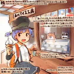 Rule 34 | 10s, 1girl, :d, animal, arm warmers, black hat, black skirt, brown eyes, colored pencil (medium), commentary request, dated, food, hamster, hat, holding, holding food, ice cream, kantai collection, kirisawa juuzou, numbered, ooshio (kancolle), open mouth, pleated skirt, purple hair, shirt, short hair, short sleeves, short twintails, skirt, smile, suspenders, traditional media, translation request, twintails, twitter username, white shirt