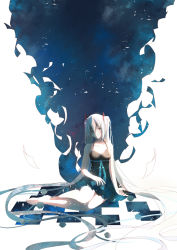 Rule 34 | 1girl, bare legs, barefoot, black dress, blue eyes, blue hair, blush, closed mouth, collarbone, double exposure, dress, flower, from side, hair between eyes, hatsune miku, highres, light smile, long hair, looking at viewer, paper, re:rin, rose, sidelocks, smile, solo, twintails, very long hair, vocaloid
