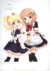 Rule 34 | 2girls, absurdres, alice cartelet, apron, blonde hair, blue eyes, blush, brown hair, collaboration, crossover, gochuumon wa usagi desu ka?, hair ornament, hairclip, hara yui, highres, holding, holding tray, hoto cocoa, kin-iro mosaic, looking at viewer, maid, maid apron, multiple girls, official art, open mouth, over-kneehighs, purple eyes, scan, short hair, short twintails, smile, thighhighs, tippy (gochiusa), tray, twintails