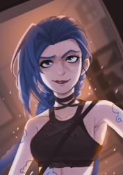 Rule 34 | 1girl, arcane: league of legends, arcane jinx, arm tattoo, asymmetrical bangs, bare shoulders, black choker, blurry, blurry background, choker, closed mouth, collarbone, crop top, freckles, highres, jinx (league of legends), kopeolgi, league of legends, long hair, looking up, red lips, shoulder tattoo, solo, tattoo, upper body