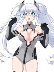 Rule 34 | 1girl, bare shoulders, black heart (neptunia), blush, breasts, cleavage, elbow gloves, gloves, green eyes, highres, kami jigen game neptune v, leotard, long hair, looking at viewer, medium breasts, neptune (series), open mouth, power symbol, power symbol-shaped pupils, solo, surprised, symbol-shaped pupils, twintails, very long hair, white hair, zatsu