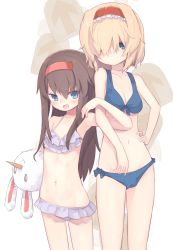 Rule 34 | 2girls, alice margatroid, arrow (symbol), bikini, blue bikini, blue eyes, breasts, brown hair, cleavage, closed mouth, commentary request, cookie (touhou), cowboy shot, food-themed hair ornament, frilled bikini, frilled hairband, frills, gaba physics, hair between eyes, hair ornament, hair over eyes, hairband, highres, holding, holding stuffed toy, ichigo (cookie), jigen (cookie), long hair, looking at viewer, medium breasts, midriff, miyako (naotsugu), multiple girls, navel, open mouth, purple bikini, red hairband, short hair, simple background, small breasts, strawberry hair ornament, stuffed animal, stuffed rabbit, stuffed toy, swimsuit, touhou, white background