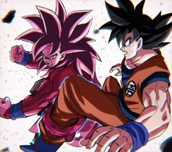 Rule 34 | 2boys, angry, black hair, fighting, grey eyes, highres, multiple boys, muscular, muscular male, nervous, nervous sweating, punching, red fur, red hair, scared, serious, son goku, spiked hair, super dragon ball heroes, super full power saiyan 4 limit breaker, sweat, tagme, ultra instinct