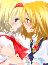 Rule 34 | 2girls, alice margatroid, arm grab, blonde hair, blue eyes, blush, braid, close-up, colored eyelashes, eye contact, eyelashes, female focus, hair ribbon, hairband, hands on another&#039;s shoulders, hands on shoulders, holding another&#039;s wrist, hug, imminent kiss, kirisame marisa, long hair, looking at another, multiple girls, myama, profile, ribbon, short hair, shy, single braid, touhou, yellow eyes, yuri