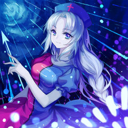 Rule 34 | 1girl, arrow (projectile), blue eyes, braid, breasts, dress, hat, long hair, looking at viewer, medium breasts, mirror (xilu4), multicolored clothes, multicolored dress, nurse cap, parted bangs, puffy short sleeves, puffy sleeves, short sleeves, silver hair, single braid, smile, solo, touhou, very long hair, yagokoro eirin