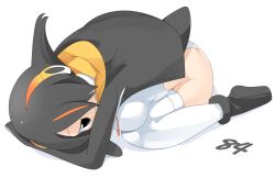 Rule 34 | 1girl, bent over, bird tail, black eyes, black footwear, black hair, black jacket, breasts, closed mouth, commentary request, emperor penguin (kemono friends), full body, hair between eyes, hair over one eye, headphones, jacket, kemono friends, large breasts, lets0020, long bangs, looking at viewer, multicolored hair, numbered, one-piece swimsuit, orange hair, short hair, simple background, sitting, smile, solo, streaked hair, swimsuit, tail, thighhighs, wariza, white background, white one-piece swimsuit, white thighhighs