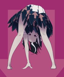 Rule 34 | &gt;:p, 1girl, :p, akanbe, all fours, arm support, arrow (symbol), bare legs, barefoot, bent over, black hair, cone horns, dress, eyelid pull, forehead, full body, grey horns, horns, kijin seija, kneepits, leaning forward, legs, looking at viewer, looking through own legs, messy hair, multicolored hair, oshouyu tabetai, red eyes, red hair, short dress, short hair, solo, streaked hair, thighs, tongue, tongue out, touhou, tsurime, upside-down, v-shaped eyebrows, white hair