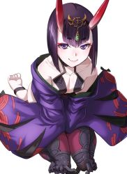 Rule 34 | 1girl, bare shoulders, breasts, collarbone, eyeshadow, fate (series), from above, hair ornament, highres, hinomoto madoka, horns, japanese clothes, kimono, long sleeves, looking at viewer, looking up, makeup, purple eyes, purple hair, short hair, shuten douji (fate), sitting, skin-covered horns, small breasts, smile, solo, wariza, wide sleeves