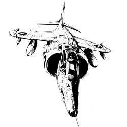 Rule 34 | aircraft, airplane, fighter jet, flying, greyscale, hawker harrier, jet, military, military vehicle, missile, monochrome, no humans, original, reece b scott, vehicle focus, white background