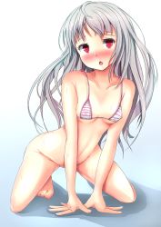 Rule 34 | 1girl, bikini, bikini top only, blush, bottomless, breasts, covered erect nipples, gradient background, highres, long hair, looking at viewer, micro bikini, original, red eyes, silver hair, small breasts, solo, sukesan, swimsuit