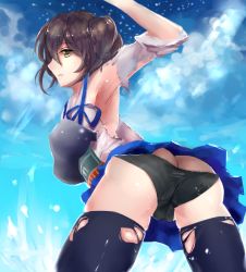 Rule 34 | 10s, 1girl, arm up, ass, bad id, bad pixiv id, black panties, black thighhighs, brown hair, cameltoe, cloud, day, from behind, japanese clothes, kaga (kancolle), kantai collection, moruchi (rinaka moruchi), muneate, panties, personification, short hair, side ponytail, sky, solo, thighhighs, torn clothes, torn thighhighs, underwear
