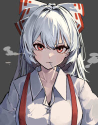Rule 34 | 1girl, amazaki ria, bow, buttons, cigarette, collared shirt, fujiwara no mokou, grey background, grey hair, hair bow, highres, long hair, looking at viewer, red eyes, shirt, simple background, smoking, solo, suspenders, touhou, upper body, white bow, white shirt