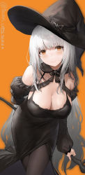 Rule 34 | 1girl, black bow, black dress, black hat, black pantyhose, blush, bow, breasts, cleavage, closed mouth, dress, haori io, hat, highres, large breasts, long hair, long sleeves, looking at viewer, orange eyes, original, pantyhose, smile, solo, standing, white hair, witch, witch hat, yellow background