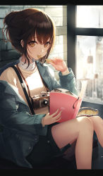 Rule 34 | 1girl, bag of chips, black shorts, blue jacket, blurry, blurry background, blush, book, bookmark, brick wall, brown eyes, brown hair, camera, camera around neck, chips (food), day, depth of field, eating, food, food in mouth, h2o (dfo), hair between eyes, hair up, highres, holding, holding book, holding food, indoors, jacket, letterboxed, long hair, long sleeves, looking at viewer, mouth hold, off shoulder, open book, open clothes, open jacket, original, potato chips, shirt, short shorts, shorts, sidelocks, sitting, sleeves past wrists, solo, sweater, turtleneck, white shirt, window