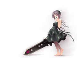 Rule 34 | 1girl, absurdres, bare shoulders, barefoot, blush, busou shinki, dress, full body, green dress, grey hair, highres, holding, holding sword, holding weapon, huge weapon, licking, licking finger, pink eyes, pointy ears, short hair, simple background, solo, standing, sword, teeth, tongue, tongue out, upper teeth only, usuki (graygreed), weapon, white background