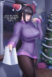 Rule 34 | 1girl, absurdres, black hair, black nails, black pantyhose, blunt bangs, breasts, capcom, christmas, christmas tree, diskette, drill hair, english text, han juri, hat, highres, large breasts, letter, nail polish, pantyhose, purple eyes, purple sweater, revision, ribbed sweater, santa hat, signature, solo, street fighter, street fighter iv (series), sweater, thighs, tsundere, turtleneck, turtleneck sweater, twin drills, winter, winter clothes