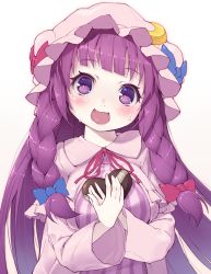 Rule 34 | 1girl, armais (me-chan337), blush, braid, candy, chocolate, chocolate heart, crescent, food, gift, gradient background, happy, hat, head tilt, heart, long hair, patchouli knowledge, purple eyes, purple hair, simple background, solo, standing, sweatdrop, tears, touhou, twin braids, valentine, white background