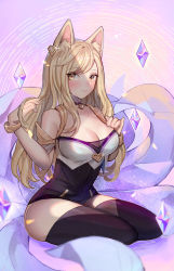 Rule 34 | 1girl, :3, ahri (league of legends), animal ears, blonde hair, breasts, crystal, fox ears, fox girl, fox tail, hand on own chest, highres, k/da (league of legends), k/da ahri, large breasts, league of legends, looking to the side, meowlian, multiple tails, official alternate costume, sitting, skindentation, solo, tail, thighhighs, yellow eyes