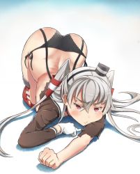 Rule 34 | &gt;:t, 10s, 1girl, :t, amatsukaze (kancolle), arched back, ass, black panties, black thighhighs, blush, brown dress, brown eyes, choker, dress, gloves, hair tubes, highres, kantai collection, liking, long hair, long sleeves, panties, red thighhighs, sailor dress, side-tie panties, silver hair, single glove, solo, striped clothes, striped thighhighs, thighhighs, torn clothes, torn dress, torn thighhighs, two side up, underwear, v-shaped eyebrows, white gloves