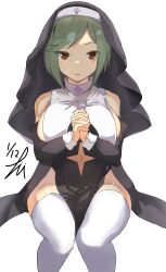 Rule 34 | 1girl, absurdres, alternate costume, armpit crease, bare shoulders, breasts, brown eyes, clothing cutout, dated, green hair, habit, highres, large breasts, looking at viewer, mai (senran kagura), navel cutout, nun, own hands clasped, own hands together, revealing clothes, senran kagura, senran kagura new link, senran kagura new wave, shiny skin, short hair, sideboob, signature, simple background, sitting, smile, solo, star cutout, takumi munato, thighhighs, thighs, white background, white thighhighs