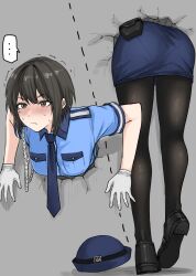 Rule 34 | ..., 1girl, aiguillette, annoyed, ass, belt pouch, black footwear, black pantyhose, blue hat, blue necktie, blue shirt, blue skirt, blush, breast pocket, brown eyes, closed mouth, collared shirt, dotted line, double-parted bangs, epaulettes, from behind, fuku (fuku12290574), gloves, hat, highres, legs, light frown, medium hair, mole, mole under eye, multiple views, necktie, original, pantyhose, pencil skirt, pocket, police, police hat, police uniform, policewoman, pouch, shadow, shirt, shoes, simple background, skirt, sleeve cuffs, speech bubble, stuck, sweat, through wall, tight clothes, trembling, uniform, unworn hat, unworn headwear, white gloves