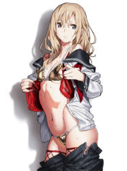 Rule 34 | 1girl, blonde hair, character request, copyright request, long hair, saitou masatsugu, school uniform, skirt, solo, swimsuit, tagme, undressing