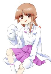 Rule 34 | 1girl, braid, brown eyes, brown hair, closed mouth, coat, collared shirt, erlenmeyer flask, eyes visible through hair, flask, flat chest, lab coat, long hair, nonamejd, official style, open clothes, open coat, parted bangs, pink skirt, pleated skirt, rika (touhou), shirt, short sleeves, simple background, single horizontal stripe, skirt, sleeves past fingers, sleeves past wrists, smile, socks, solo, touhou, touhou (pc-98), twin braids, white background, white coat, white shirt, white socks, zun (style)