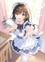Rule 34 | &quot;rouhou&quot; ore no iinazuke ni natta jimiko ie dewa kawaii shikanai., 1girl, :d, ahoge, alternate costume, apron, back bow, black dress, bow, breasts, brown eyes, brown hair, chair, commentary, curtains, day, detached collar, dress, enmaided, foreshortening, frilled apron, frilled dress, frills, from above, hair ornament, hairclip, highres, holding, holding tray, indoors, long hair, looking at viewer, looking up, maid, maid apron, maid headdress, medium breasts, neck ribbon, novel illustration, official alternate costume, official art, open mouth, outstretched arm, reaching, reaching towards viewer, ribbon, second-party source, short sleeves, sidelocks, smile, solo, standing, table, tan (tangent), thighhighs, tray, watanae yuuka, white apron, white thighhighs, wooden chair, wooden floor, wooden table