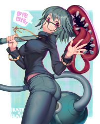 Rule 34 | 1girl, blush, breasts, bug, copyright name, cross, cross necklace, denim, english text, from side, glasses, green hair, green legwear, holding, hunter x hunter, inverted cross, jeans, jewelry, large breasts, long sleeves, looking at viewer, necklace, pants, purple eyes, rotix, sharp teeth, shizuku murasaki, short hair, solo, sweater, teeth, tongue, tongue out, turtleneck, vacuum cleaner
