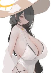 Rule 34 | 1girl, absurdres, alternate breast size, bbolalus, black choker, black hair, blue archive, breasts, choker, cleavage, hair over one eye, halo, hat, highres, hinata (blue archive), hinata (swimsuit) (blue archive), large breasts, long hair, one-piece swimsuit, red eyes, solo, sun hat, swimsuit, very long hair, white one-piece swimsuit