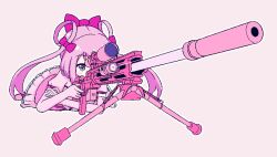 Rule 34 | 1girl, aiming, bipod, blush, bolt action, bow, chibikki, commentary, dress, elbow gloves, elbow rest, english commentary, extended magazine, finger on trigger, frilled dress, frills, gloves, gun, hair bow, hair ribbon, hair rings, hand on own arm, highres, holding, holding weapon, laser sight, long hair, looking afar, lying, magazine (weapon), magical girl saki-hope (chibikki), on floor, on stomach, one eye covered, original, pink footwear, pink gloves, pink gun, pink skirt, pink theme, pixel art, puffy short sleeves, puffy sleeves, purple eyes, ribbon, rifle, saki (chibikki), scope, short sleeves, sidelocks, simple background, skirt, sniper rifle, solo, suppressor, swept bangs, twintails, weapon, xm2010