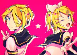 Rule 34 | 1boy, 1girl, black collar, black sleeves, blonde hair, blue eyes, bow, brother and sister, collar, commentary, crop top, detached sleeves, from behind, hair bow, hair ornament, hairclip, headphones, kagamine len, kagamine rin, kikori70796699, looking at viewer, one eye closed, open mouth, outstretched arm, outstretched hand, pink background, sailor collar, school uniform, shirt, short hair, short ponytail, short sleeves, siblings, sleeveless, sleeveless shirt, smile, spiked hair, star (symbol), swept bangs, twins, upper body, v, vocaloid, white bow, white shirt