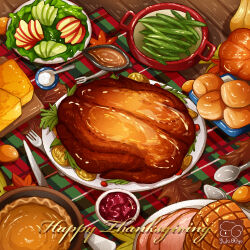 Rule 34 | apple, artist logo, bread, food, food focus, fork, fruit, gravy, gravy boat, ham, highres, knife, meat, no humans, original, pea pod, pie, plate, pumpkin pie, salad, spoon, thanksgiving, turkey (food), yuki00yo