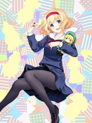 Rule 34 | alice margatroid, black footwear, black pantyhose, blonde hair, blue eyes, blue shirt, blue skirt, breasts, commentary request, doll, feet out of frame, hairband, happy, hataraki kuma, head tilt, highres, holding, holding doll, jewelry, loafers, lolita hairband, neck ribbon, open mouth, pantyhose, puppet rings, red hairband, red ribbon, ribbon, ring, sailor collar, shanghai doll, shirt, shoes, skirt, small breasts, thighs, touhou, white sailor collar