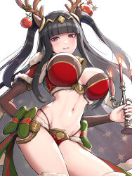 Rule 34 | 1girl, antlers, bikini, black hair, black nails, blunt bangs, breasts, candelabra, candle, candlestand, cape, christmas, christmas ornaments, cleavage, fake antlers, fire emblem, fire emblem awakening, fire emblem heroes, fur-trimmed panties, fur cape, fur trim, gonzarez, green ribbon, hair ornament, highres, holding, holly hair ornament, horns, large breasts, looking at viewer, nail polish, navel, nintendo, panties, purple eyes, red bikini, reindeer antlers, reindeer hair ornament, ribbon, santa bikini, simple background, solo, swimsuit, tharja (fire emblem), tharja (winter) (fire emblem), tiara, twintails, underwear, white background