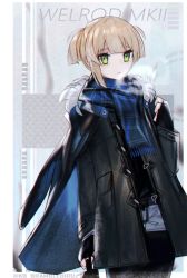 Rule 34 | 1girl, androgynous, black gloves, blonde hair, blunt bangs, bolt action, character name, coat, fingerless gloves, flat chest, girls&#039; frontline, gloves, green eyes, handgun, integral suppressor, integrally-suppressed firearm, kky, long coat, looking at viewer, overcoat, plaid, plaid scarf, scarf, short hair, solo, suppressor, welrod, welrod mk ii, welrod mkii (girls&#039; frontline), winter clothes
