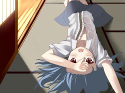Rule 34 | 1girl, :d, arm up, barefoot, blouse, blue hair, blush, cowboy shot, flat chest, frilled shirt, frills, from above, hair spread out, hand on forehead, highres, hinanawi tenshi, indoors, knee up, long hair, looking at viewer, lying, nagihashk, no bra, no headwear, no headwear, on back, on floor, open clothes, open mouth, open shirt, pencil skirt, red eyes, shirt, short sleeves, shouji, skirt, sliding doors, smile, solo, sunlight, sweat, tatami, touhou, upside-down, wet, wet clothes, wet shirt, wooden floor
